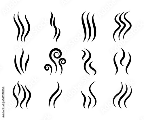 Icons of smoke. Chimney, steam, smell, aroma logos. Heat, fume, odor from grill and cooking. Odour of coffee. Perfume scent in air. Graphic swirls. Waves of emission smog, gas in line style. Vector