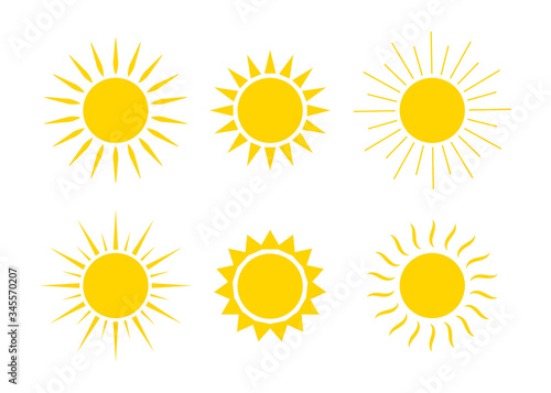 Sun logos. Icons of sunrise, sunset with sunbursts. Cute drawing of sunshine for kids. Happy spring, summer morning. Yellow and orange cartoon graphic shapes. Collection silhouettes of suns. Vector.