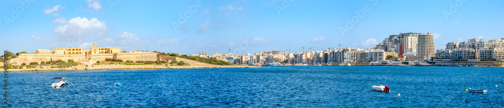 Panoramic view of the Manoel Island and Sliema city, seen from Vallette city, Malta