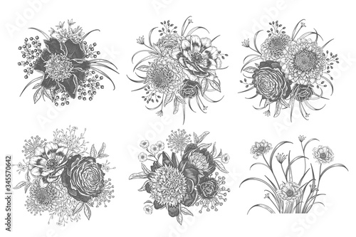 Fototapeta Naklejka Na Ścianę i Meble -  Beautiful garden flowers. Black bouquets on white background. Vintage set