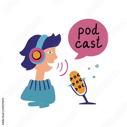 Blogger podcaster streaming. Man writing material to blog, reviewing for online journal or website content, recording program. The boy speaks into the microphone. Vector flat cartoon illustration.