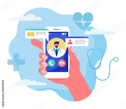 Online medicine concept vector illustration. Cartoon flat human hand holding smartphone with video call to doctor character on screen, using mobile advise or consultation service app isolated on white