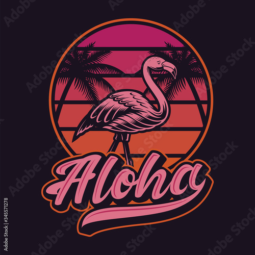 Vector illustration with flamingos in vintage style.