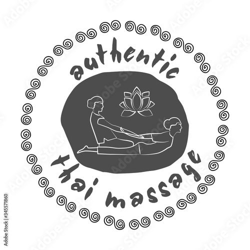 Authentic Thai massage. Logo thai massage with silhouette of a woman getting traditional thai stretching massage by therapist. Stamp Thai massage in gray for your design. EPS10.