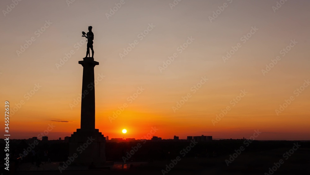 Pobednik monument in the Belgrade Fortress, park during sunset. Belgrade, Serbia