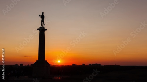 Pobednik monument in the Belgrade Fortress  park during sunset. Belgrade  Serbia