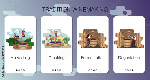 Set of vector mobile app pages on theme craft winery. Stages of tradition winemaking. Design of onboarding screens