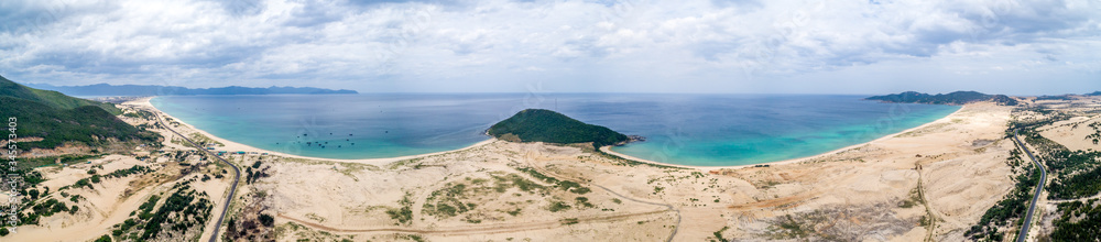 Panorama Aerial of Hon Ngang Beach at Dam Mon Peninsula, Van Phong Bay, Van Ninh, Khanh Hoa