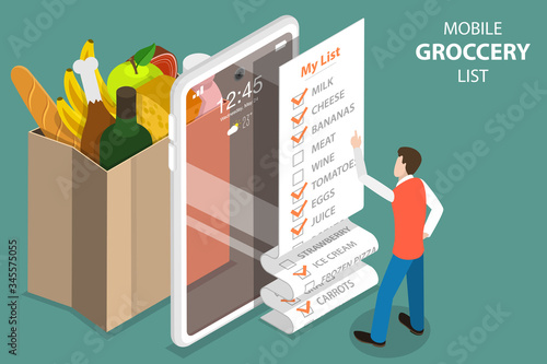 3D Isometric Flat Vector Concept of Mobile Grocery List, Shopping List App.