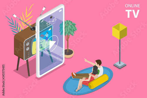 3D Isometric Flat Vector Concept of Mobile Smart TV, Streaming Home Entertainment, Movie Online.
