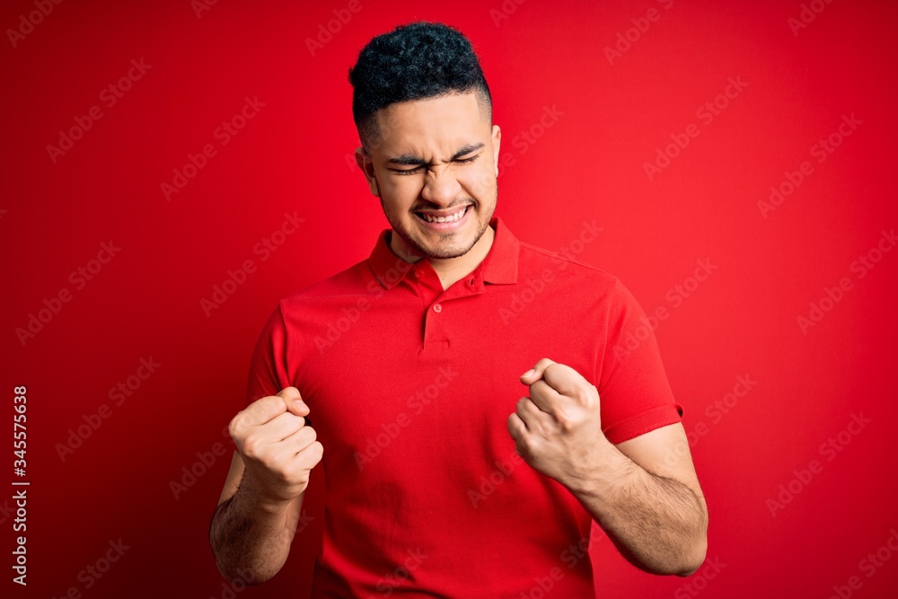 Fototapeta premium Young handsome man wearing red casual polo standing over isolated background very happy and excited doing winner gesture with arms raised, smiling and screaming for success. Celebration concept.