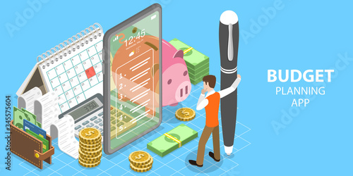 3D Isometric Flat Vector Concept of Budget Planning Mobile App, Family Budgeting, Personal Income and Expenses Planning.