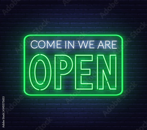 Come in we are open neon sign on brick wall background .