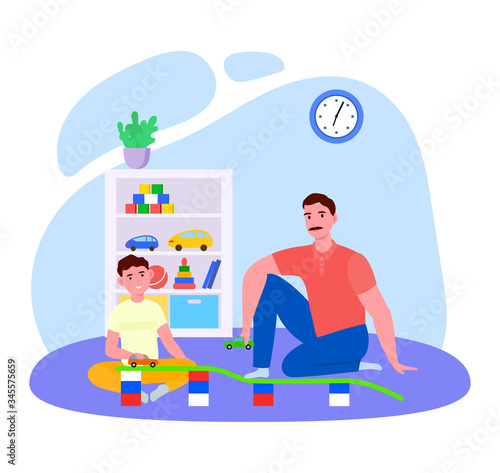 Father time with son vector illustration. Cartoon flat daddy character playing fun car toys together with smiling kid boy in playroom interior and enjoying happy family home activity isolated on white