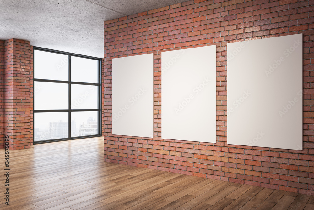 Clean red brick room with three blank banners on wall. - obrazy, fototapety, plakaty 