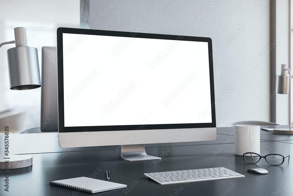 Creative designer workplace with empty white computer screen Creative designer workplace with empty white computer screen