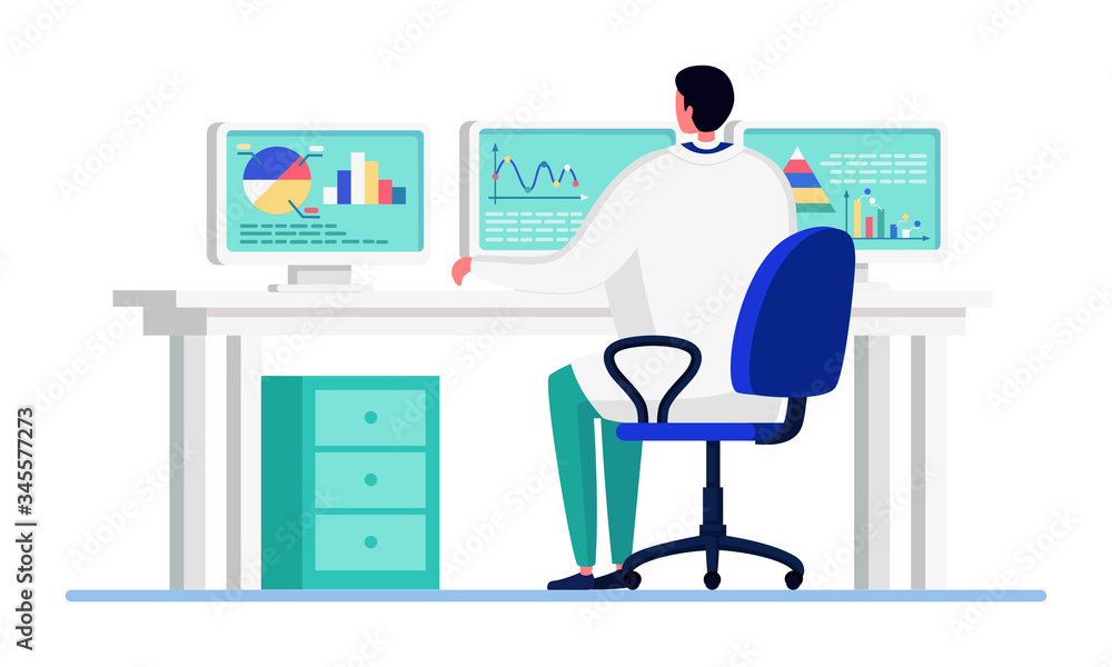 Scientist people in innovation laboratory vector illustration. Cartoon flat doctor character working, studying, making statistics analysis. Concept of big data research, tech study isolated on white Scientist people in innovation laboratory vector illustration. Cartoon flat doctor character working, studying, making statistics analysis. Concept of big data research, tech study isolated on white