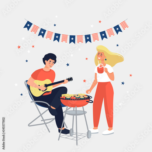 Vector brunette man plays guitar and blonde woman drinks cocktail celebrating 4th of july independence day making barbecue