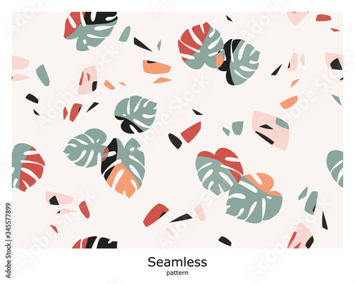 Vector seamless tropical abstract pattern with monstera leaves on a light background