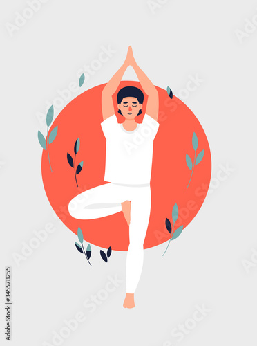 Vector illustration of brunette man doing yoga in Tree pose on sun background with leaves