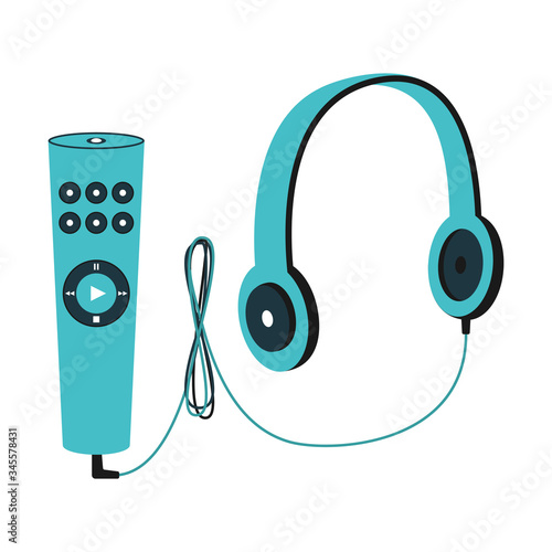 Museum audio guide with headphones. Digital audioguide for tourist. wired headphones with remote control. Vector illustration, flat style.