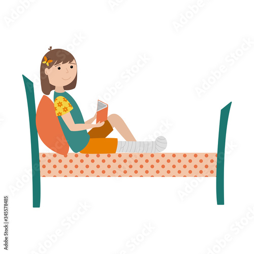 A girl with a broken leg is lying on the bed with a book in her hands. The leg is bandaged and fixed with a cast. Color illustration with children in a flat style. Isolated on a white background