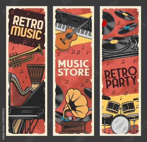 Music instruments retro banners, music store, live concert festival. Musical party instruments, vinyl record gramophone, classic piano and orchestra harp, saxophone, African jembe drums and trumpet