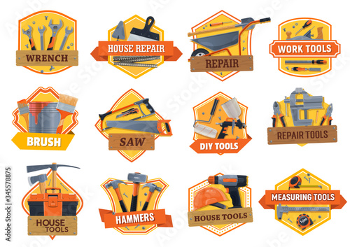 Work tools construction, house repair, building and renovation DIY toolbox, vector icons. Home remodeling work tools, carpentry hammer, woodwork saw and painting brush, masonry saw and drill