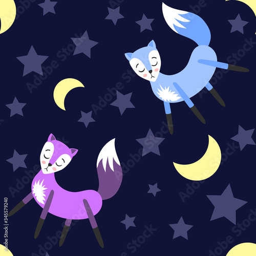 Cute cartoon fox flies through the starry sky. Seamless pattern. Flat vector illustration. Isolated.