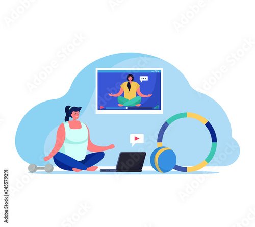 People with gadgets vector illustration. Cartoon flat happy young woman character doing online yoga meditation with coach, using app for video workout lesson on laptop screen isolated on white