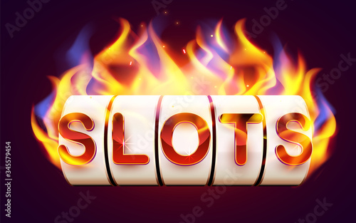Burning slot machine wins wins the jackpot. Fire casino concept. Hot 777
