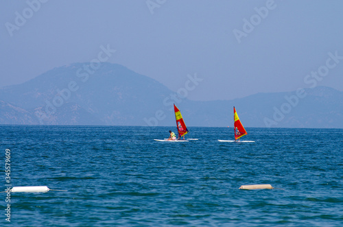 FETHIYE, TURKEY - June, 2019: Windsurfing in the Aegean