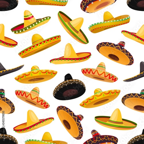 Sombrero hats seamless pattern. Vector background of Mexican fiesta party and Cinco de Mayo holiday with mariachi musician sombrero hats with wide brims, ball fringe and colorful ethnic ornaments