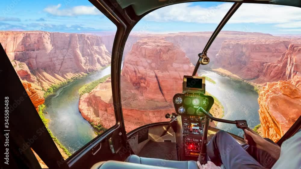 Helicopter cockpit scenic flight on Horseshoe Bend of Colorado River