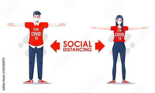 Social distancing, Keep distance in public society people to protect from COVID-19 coronavirus outbreak spreading prevention concept with man woman keep distance in meeting. Character design vector