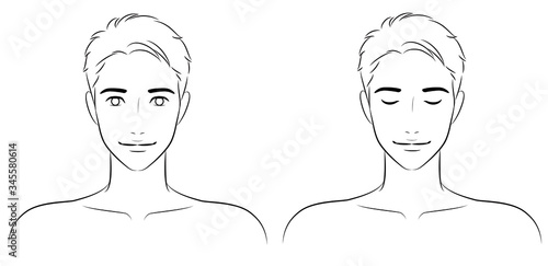 Front portraits of young man with eyes closed and opened. Naked upper body.