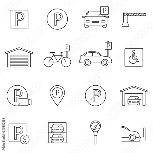 Parking icons. Car garage and parking line vector symbols. Zone place parking illustration. Collection of high quality outline symbols of parking.