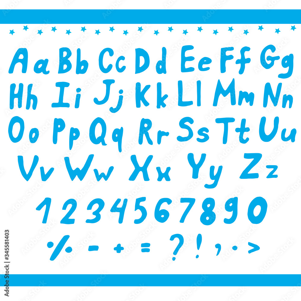 Stylized blue alphabet and numbers on white background. Vector image. Stylized blue alphabet and numbers on white background. Vector image.