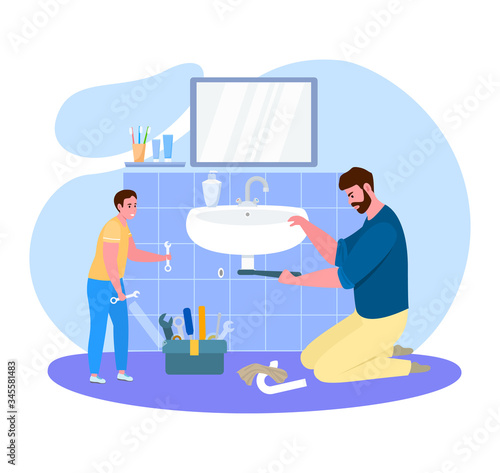Father time with son vector illustration. Cartoon flat dad handyman character sitting on floor, fixing bathroom equipment and teaching kid boy. Family home repair activity, housework isolated on white