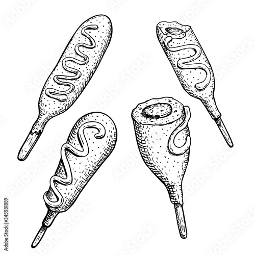 Corn dogs set. Hand drawn sketch style illustrations of street fast food. Whole and half-eaten with ketchup, mayonnaise or mustard. Wooden stick. Vector drawings isolated on white background.