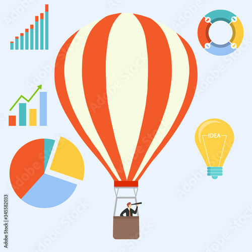 In search of an idea. A man in a business suit with a telescope on a hot air balloon searches for an idea and looks at the profit charts. Vector illustration.
