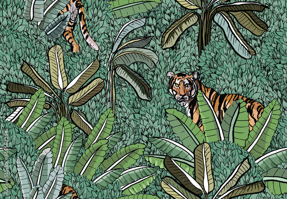 Fototapeta Seamless Pattern India Tiger Hides in Bushes Mountains, Green Tropics Oriental Print, India Style Hand Drawn Floral Wallpaper, Wildlife in Banana Leaves Textile Design 