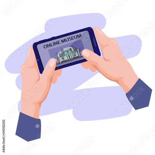Online museum stock vector illustration. View on the museum’s phone online. Explore sights remotely. Phone in hand. Flat style stock illustration. Online learning. Remote leisure