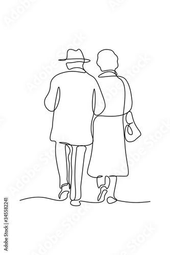 Elegant couple in continuous line art drawing style. Back view of aristocratic man and woman walking together. Minimalist black linear sketch isolated on white background. Vector illustration