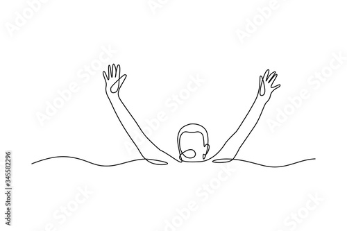 Drowning man asking for help in continuous line art drawing style. Minimalist black linear sketch isolated on white background. Vector illustration