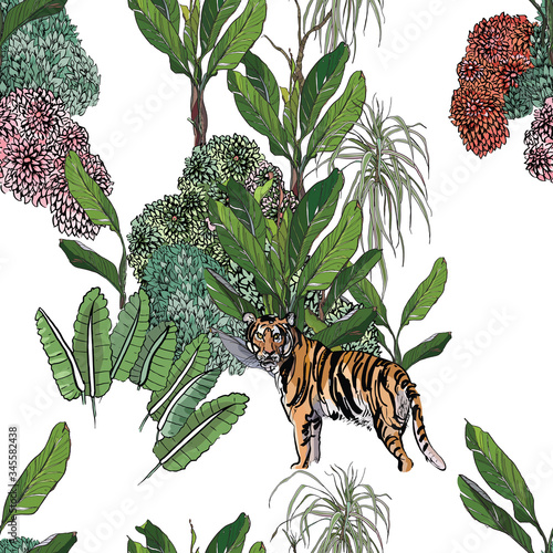 Isolated Groups of Pink Floral Bushes and Palms with Tiger, Tropical Wallpaper Design Wildlife Exotic Plants on White Background Seamless Pattern