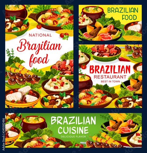 Brazilian cuisine food menu, Brazil restaurant vector meat, fish meal dishes. Brazilian traditional churrasco meat, bacalhau fish, feijoada bean stew, shrimp moqueca and corn soup