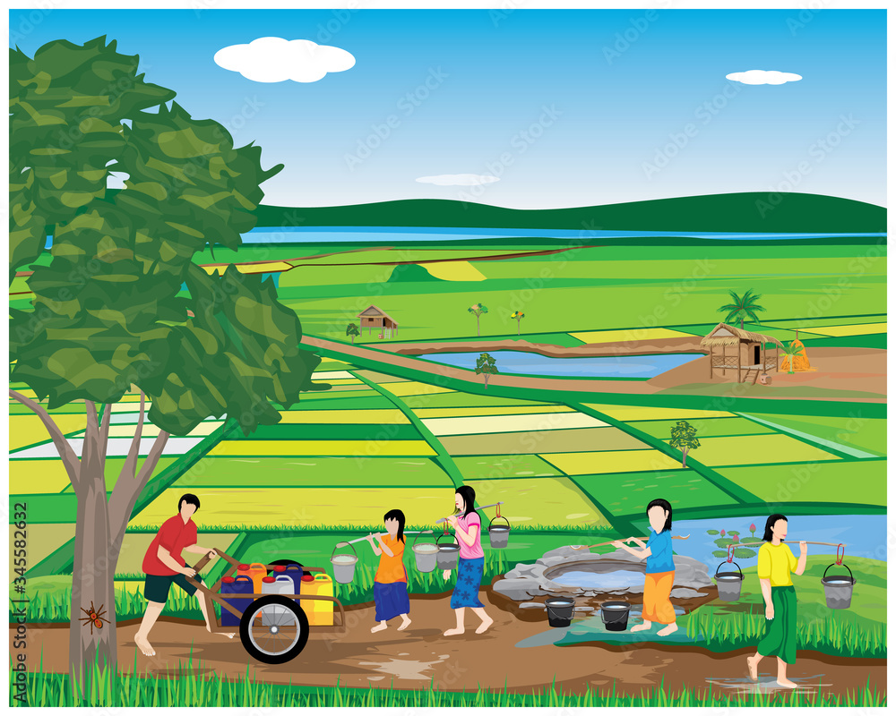 Fototapeta premium lifestyle of people at countryside vector design,harvest water from pond 