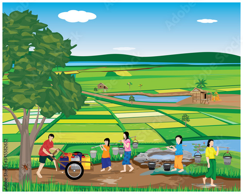lifestyle of people at countryside vector design,harvest water from pond 