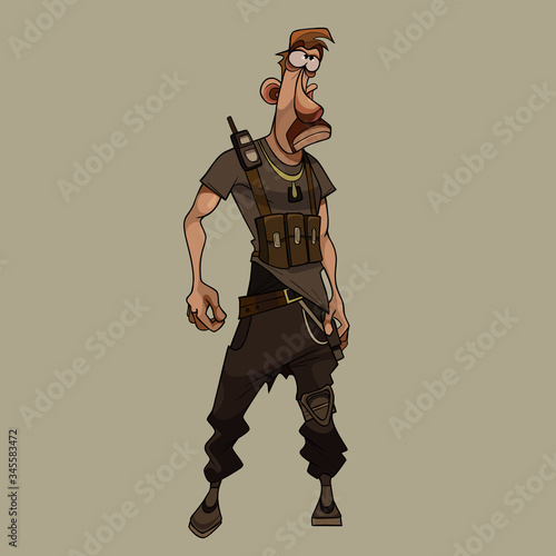 cartoon man in clothes of post apocalypse in uniform with walkie talkie